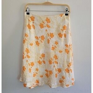 Ann Taylor Linen Skirt Orange Floral A Line Cottage Effortless Garden Summer